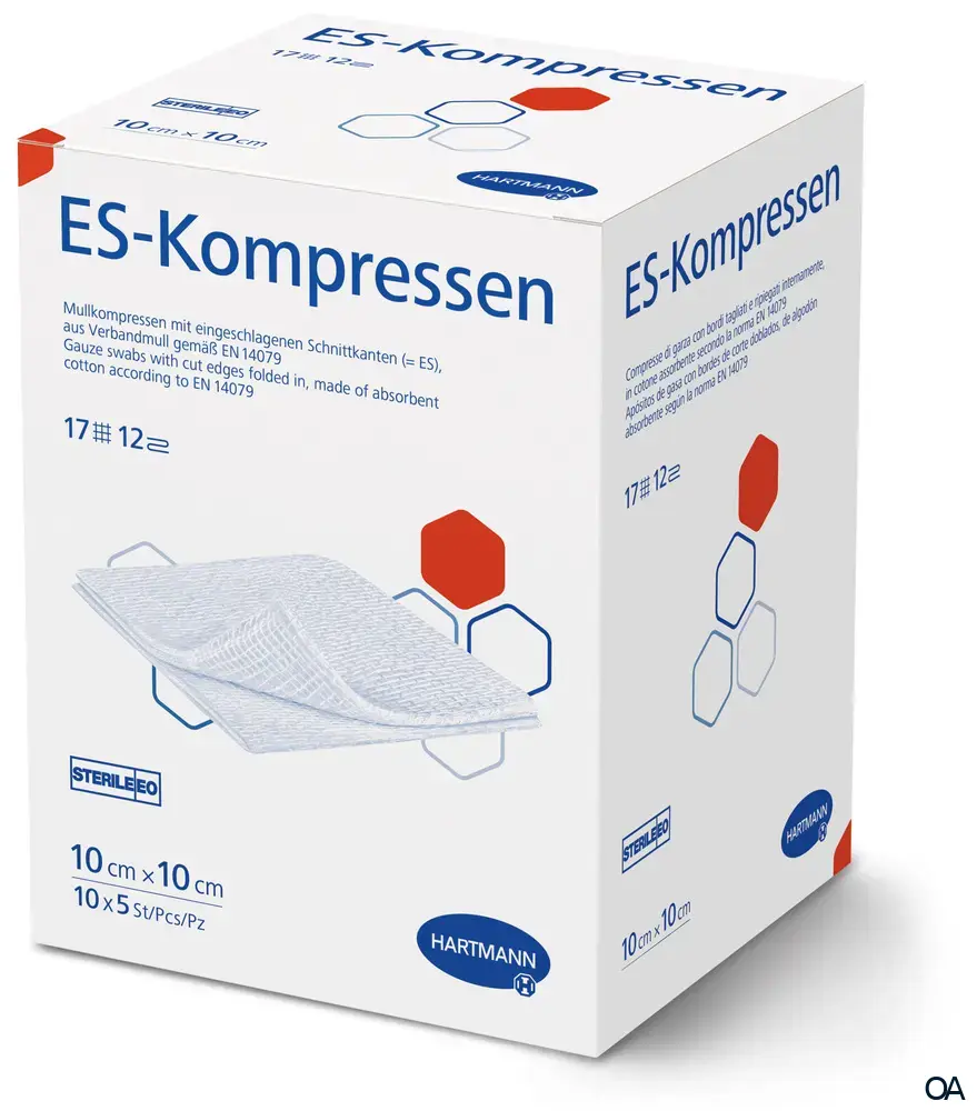 ES-Kompressen 12fach, steril eingesiegelt zu 5 Stück, 10 x 10 cm, 10 x 5 Stück ES-Kompressen 12fach, steril eingesiegelt zu 5 Stück, 10 x 10 cm, 10 x 5 Stück