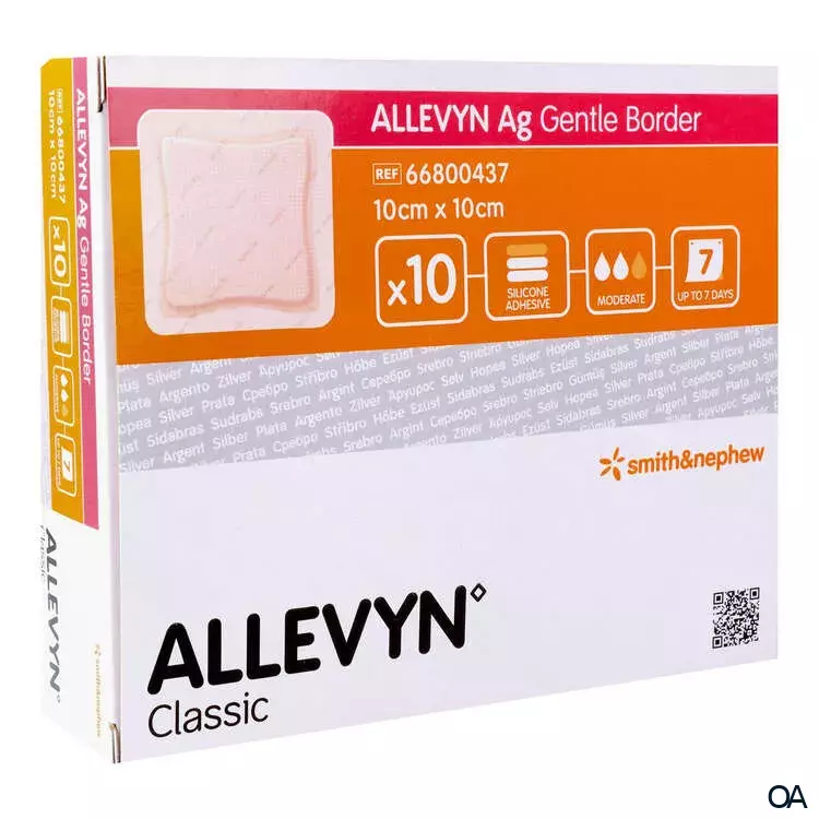 ALLEVYN Ag GENTLE BORDER haftender Silikon-Schaumverband steril, 10 x 10 cm ALLEVYN Ag GENTLE BORDER haftender Silikon-Schaumverband steril, 10 x 10 cm