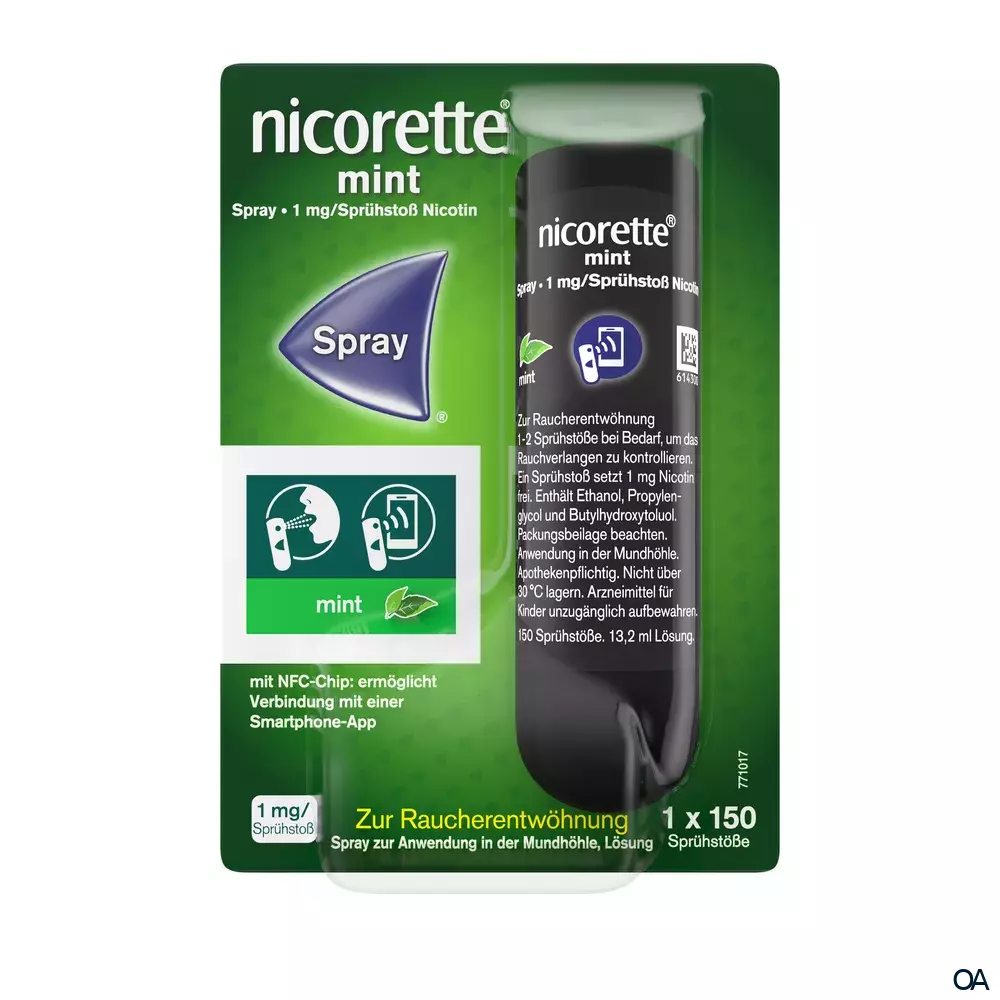 Nicorette Mint Spray 1 mg/Sprühstoß Spray zur Anwendung in der Mundhöhle, Lösung Nicorette Mint Spray 1 mg/Sprühstoß Spray zur Anwendung in der Mundhöhle, Lösung