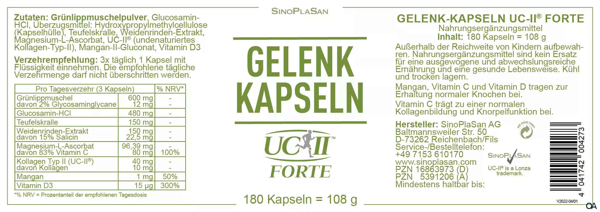 SinoPlaSan Gelenkkapseln UC-II FORTE Kapseln