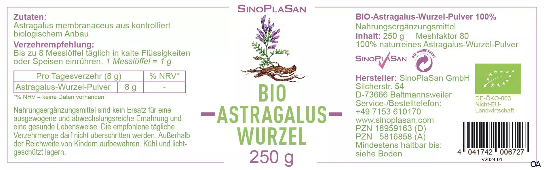 SinoPlaSan BIO Astragalus Wurzel Pulver