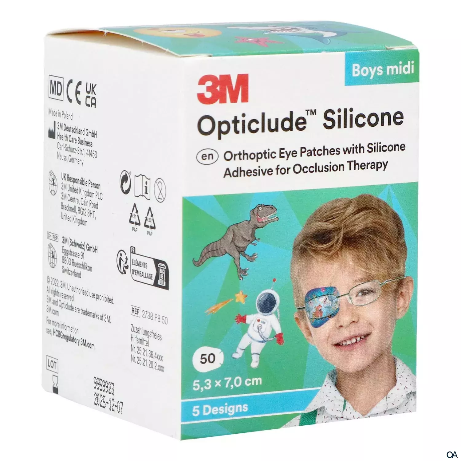 3M™ Opticlude™ Silicone Augenpflaster 2738 PB, Midi, Jungen, 5,3 cm × 7 cm 3M™ Opticlude™ Silicone Augenpflaster 2738 PB, Midi, Jungen, 5,3 cm × 7 cm