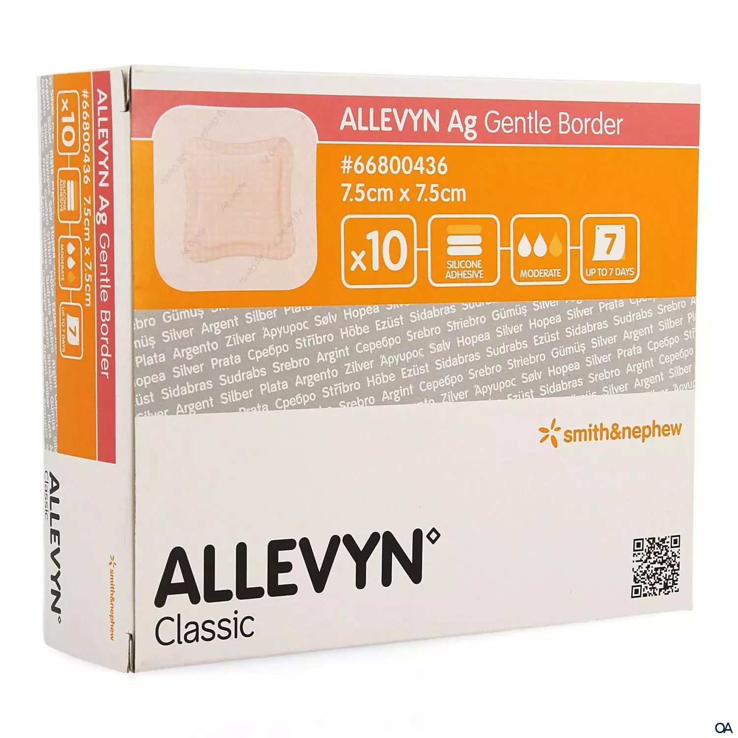 ALLEVYN Ag GENTLE BORDER haftender Silikon-Schaumverband steril, 7,5 x 7,5 cm