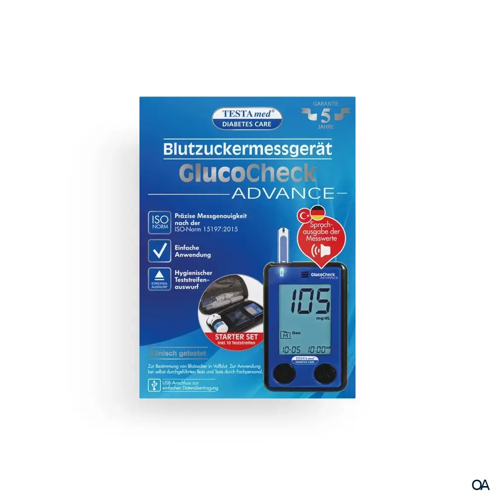 TESTAmed® DIABETES CARE GlucoCheck Advance Blutzuckermessgerät mg/dl mmol/l Voice TESTAmed® DIABETES CARE GlucoCheck Advance Blutzuckermessgerät mg/dl mmol/l Voice