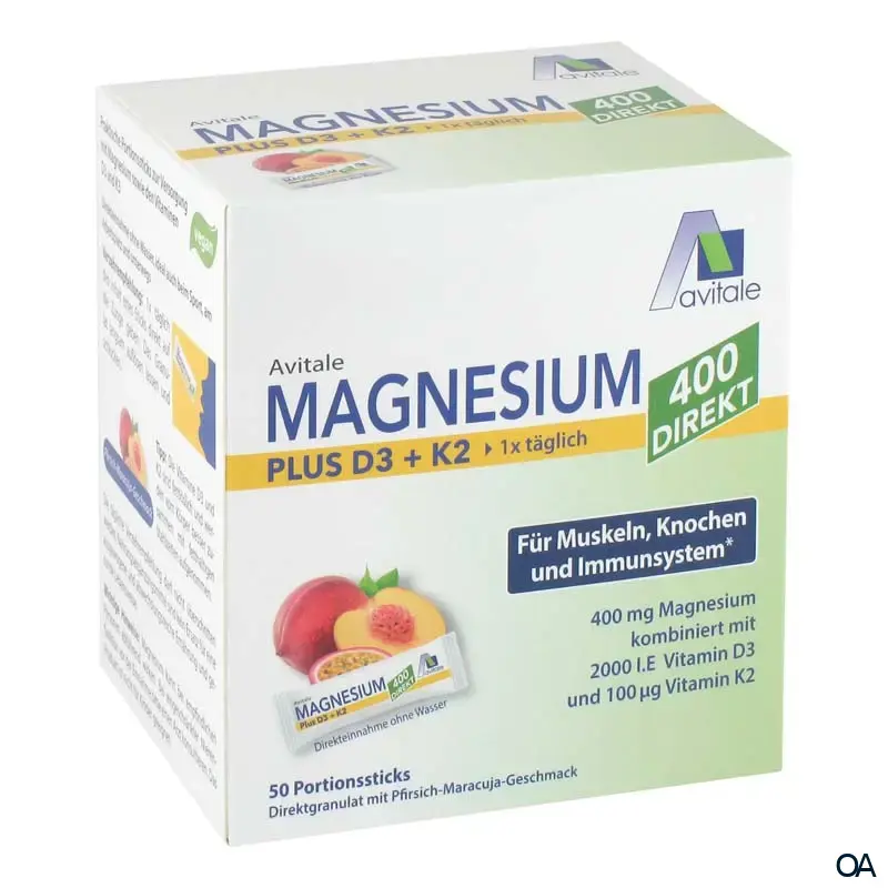 Avitale Magnesium 400 + D3 + K2 direkt Pfirsich-Maracuja Direktgranulat Sticks