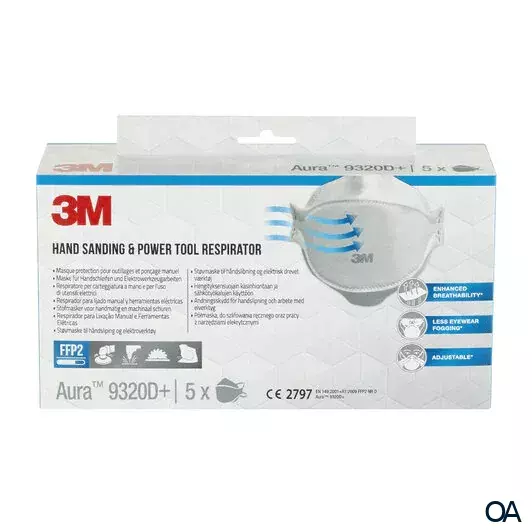 3M™ 9320D+ Aura™ Einweg-Partikel-Atemschutzmaske, FFP2, ohne Ventil, 5 Stück 3M™ 9320D+ Aura™ Einweg-Partikel-Atemschutzmaske, FFP2, ohne Ventil, 5 Stück