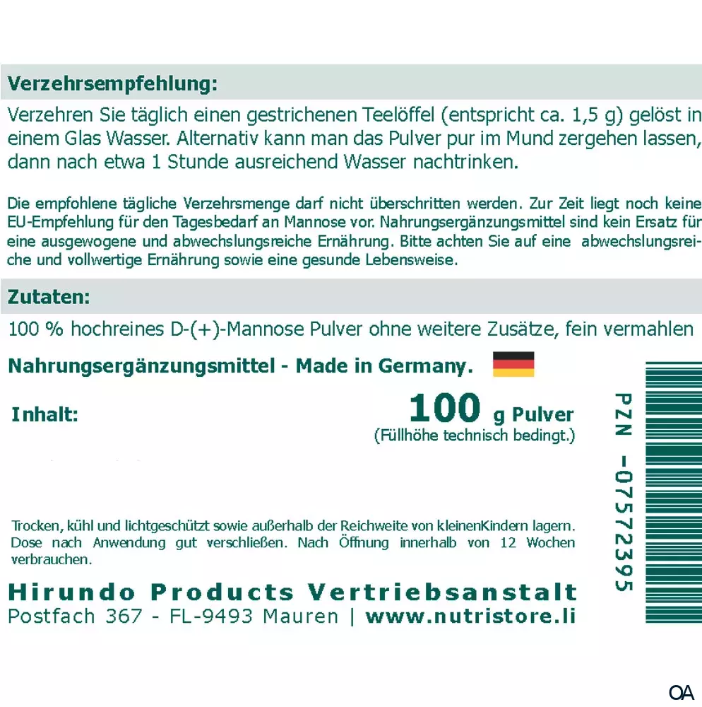 The Nutri Store Mannose 100 % rein Pulver
