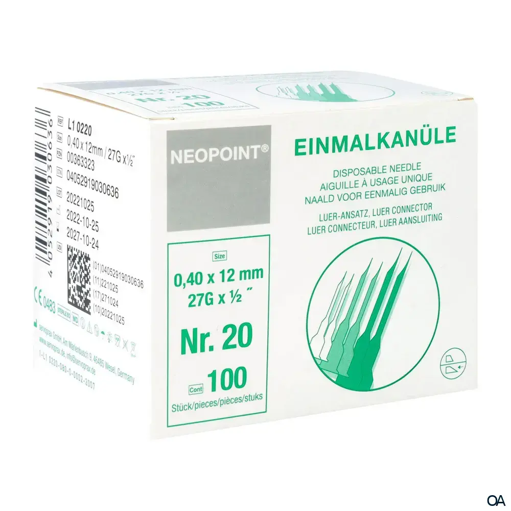 NEOPOINT® Einmalkanülen 27G x 1/2”, Nr. 20, Ø 0,4 mm x 12 mm, grau NEOPOINT® Einmalkanülen 27G x 1/2”, Nr. 20, Ø 0,4 mm x 12 mm, grau